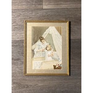 Vtg Antique Print Victorian Mother & Daughter Litho Ornate Gold Frame Child
